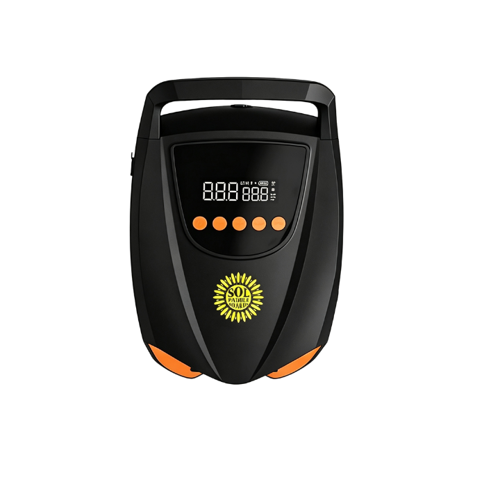 A black portable charging device with a digital display screen, five orange buttons, and orange accents on the sides.