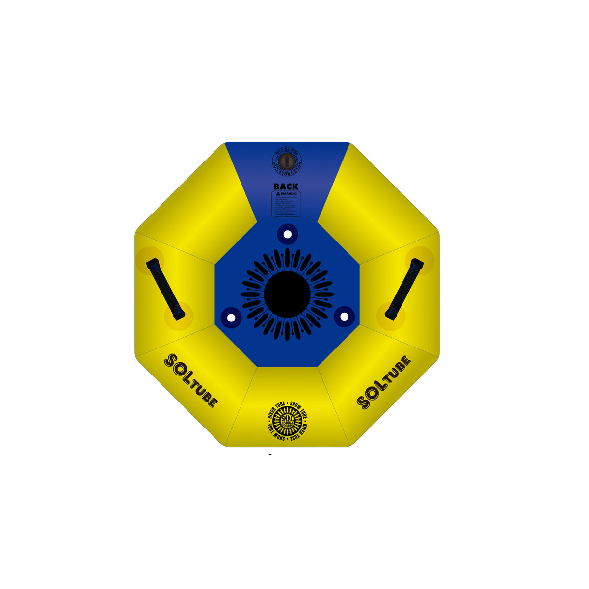Single SOLtube inflatable in yellow and blue, viewed from the top.