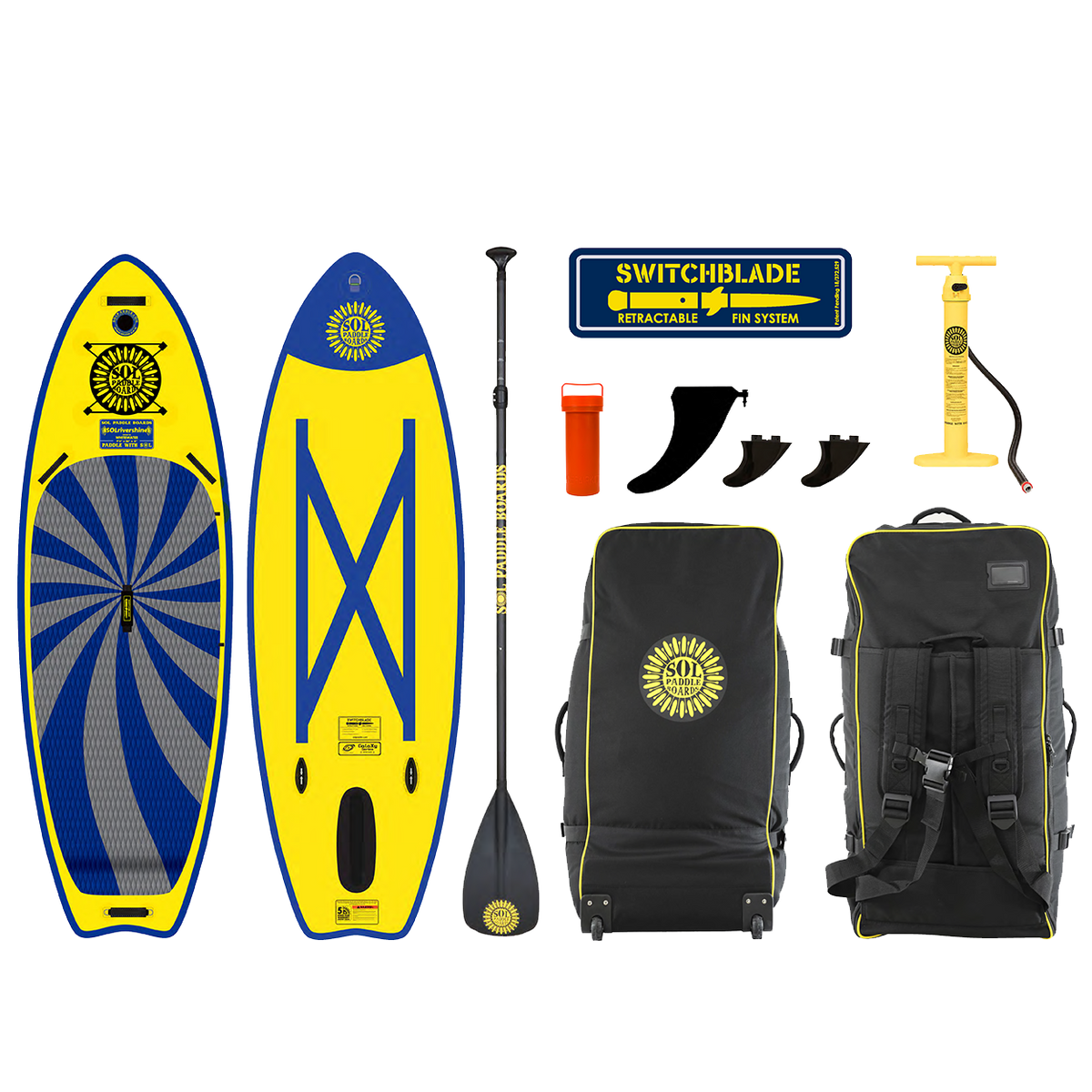 GalaXy SOLrivershine Inflatable Paddle Board showcasing the top and bottom views of the SUP board and the accessories that come with it