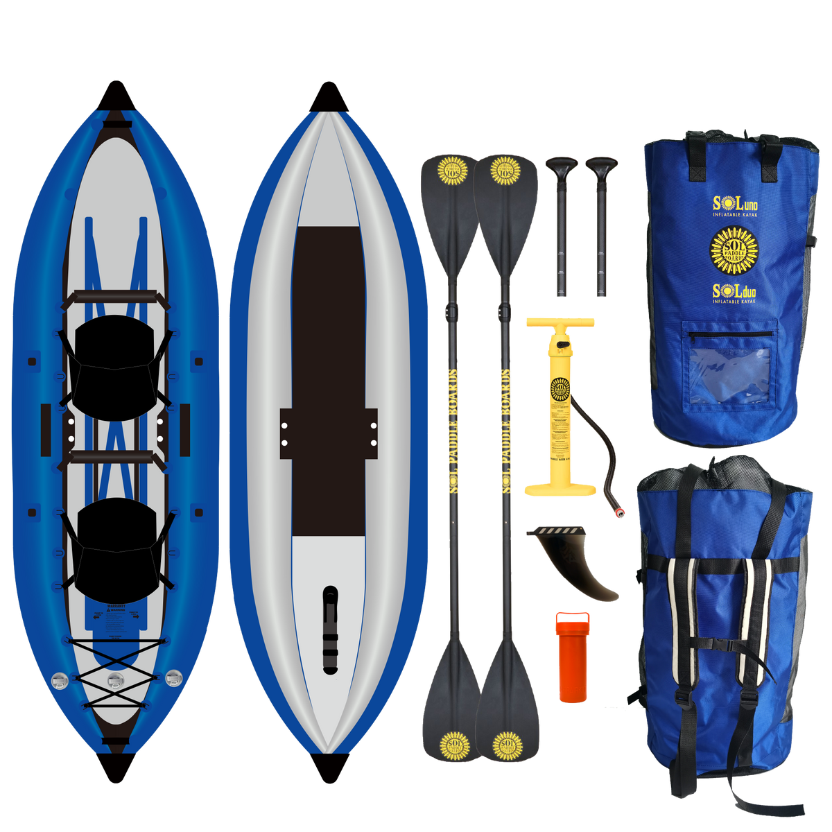 Two sides of the SOLduo inflatable kayak as well as the accessories it comes with.