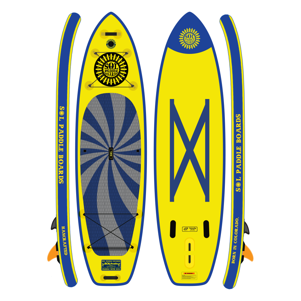Yellow and blue SOL paddle board with branding on a white background