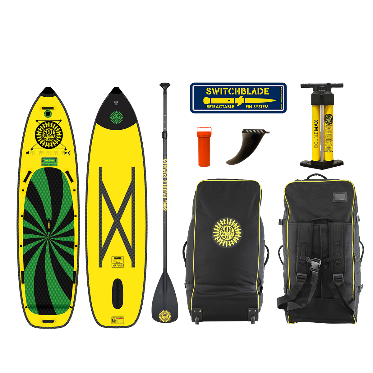 Carbon GalaXy SOLsumo Inflatable Paddle Board showcasing the top and bottom views of the SUP board and the accessories that come with it