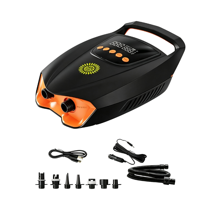 Black and orange electric air compressor with a digital display screen, shown with its accessories including a power cable, air hose, and various nozzle adapters on a plain white background.