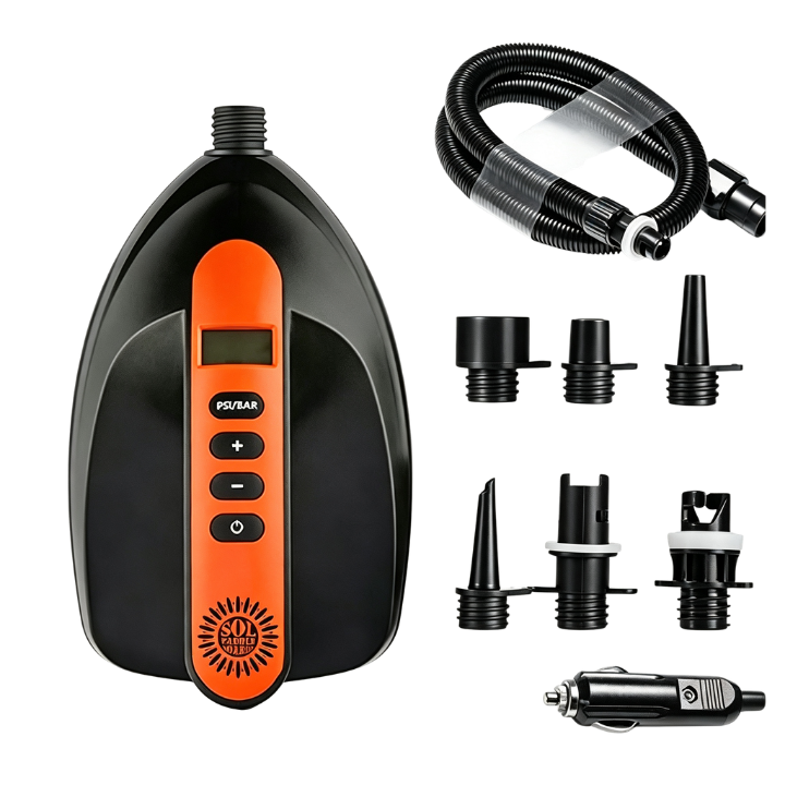 SOL Paddle Boards Car Pump with additional attachments. 