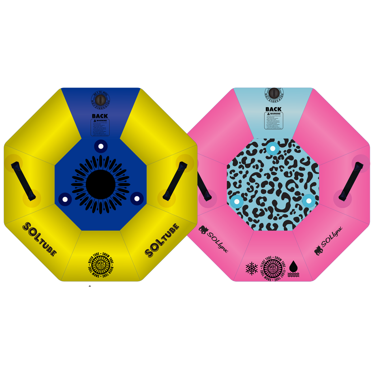 Two SOLtube inflatables side by side, one in yellow and blue, the other in pink and teal, viewed from the top.