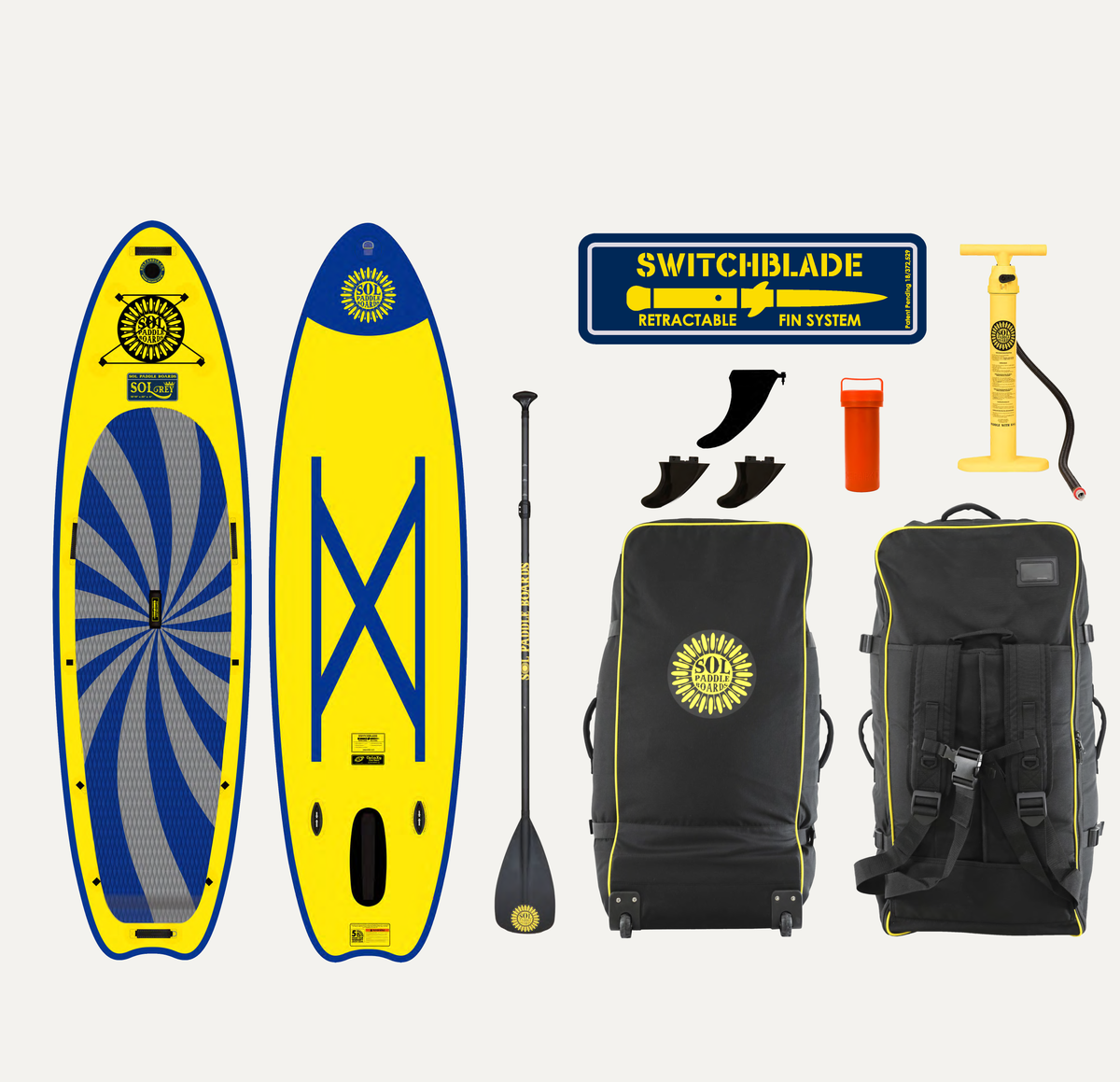 GalaXy SOLrey Inflatable Paddle Board showcasing all two sides of the SUP board with accessories. 