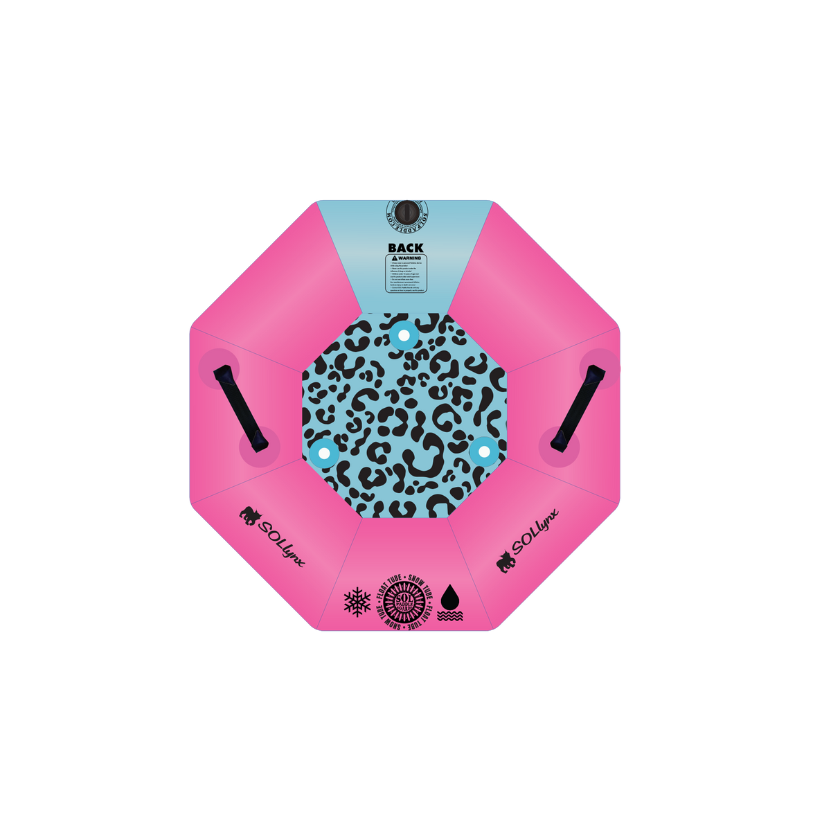 Single SOLtube inflatable in pink and teal, viewed from the top.