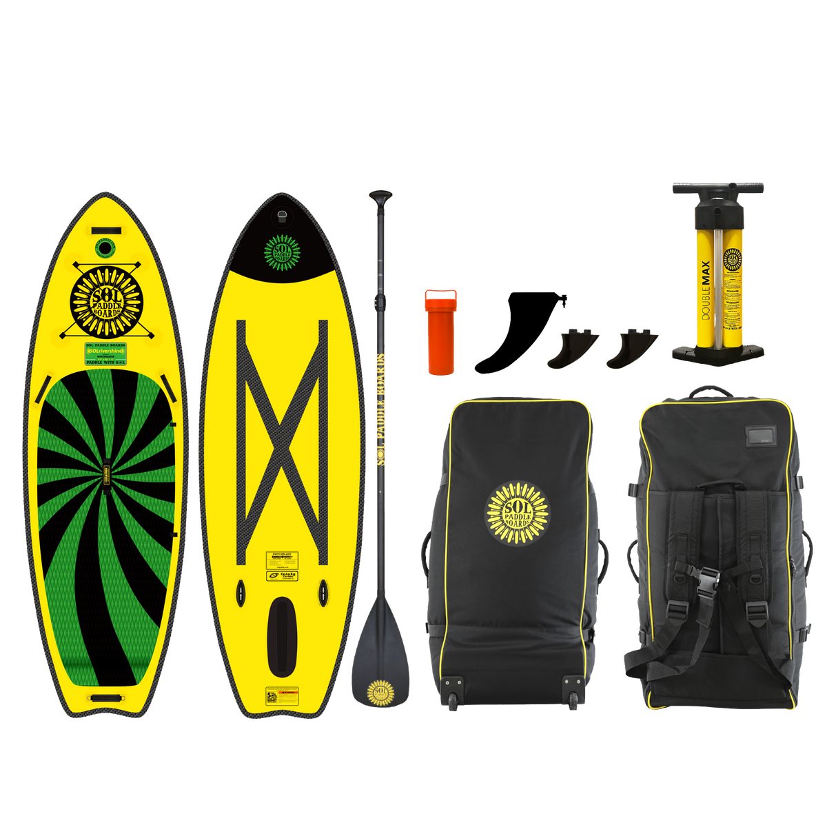 Carbon SOLrivershine inflatable paddle board with all of the accessories it comes with. 