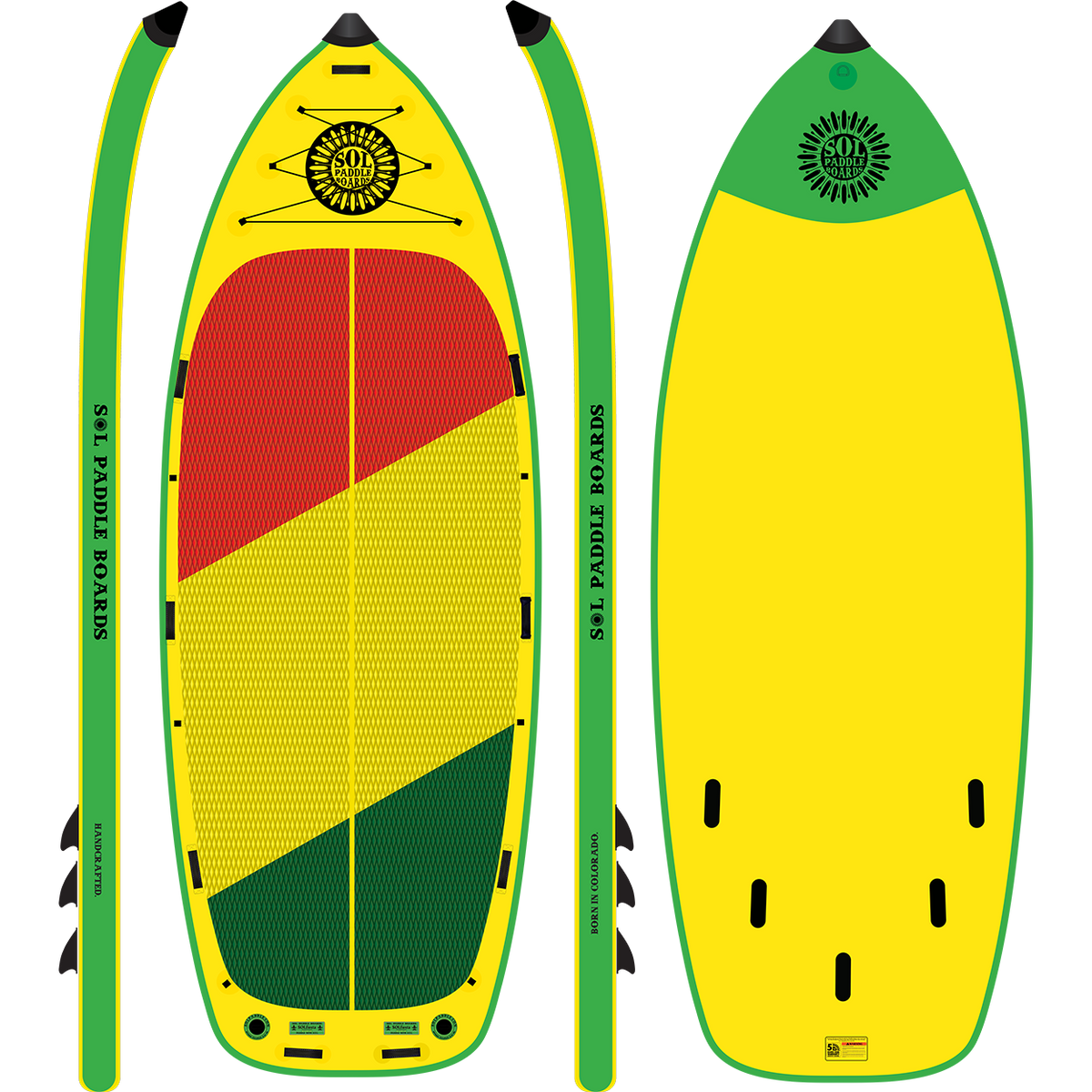 Classic SOLfiesta Inflatable Paddle Board showcasing all four sides of the SUP board