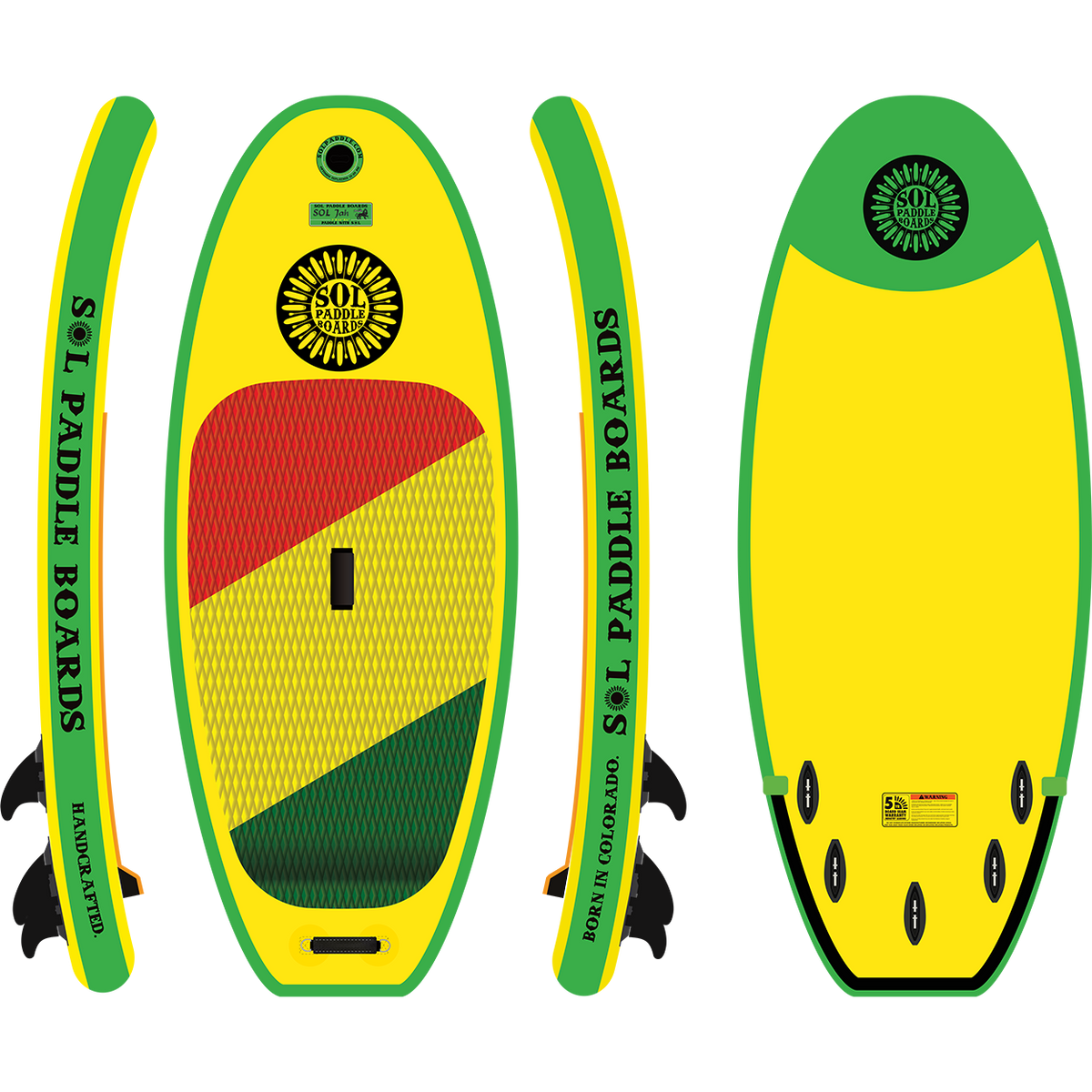 Classic SOLjah Inflatable River Surfboard showcasing all four sides of the river surfboard
