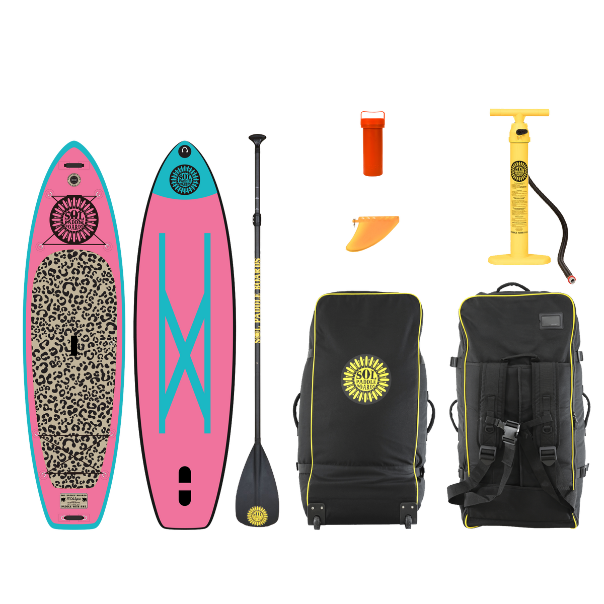 GalaXy SOLlynx Inflatable Paddle Board showcasing two sides of the SUP board with accessories.