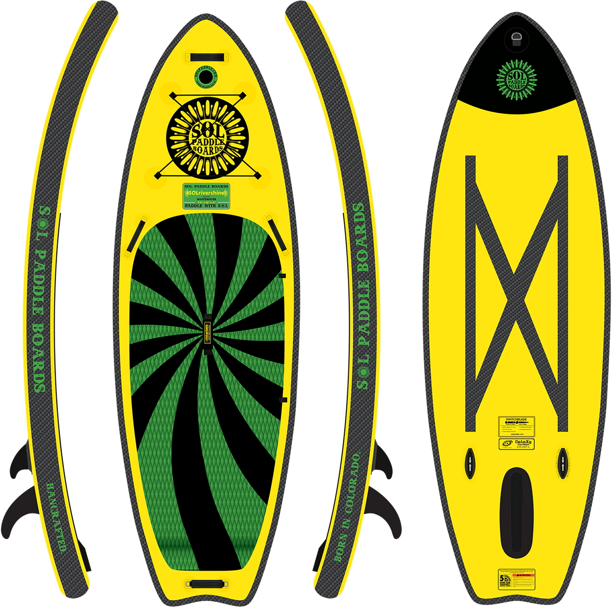 Carbon GalaXy SOLrivershine Inflatable Paddle Board showcasing all four sides of the SUP board