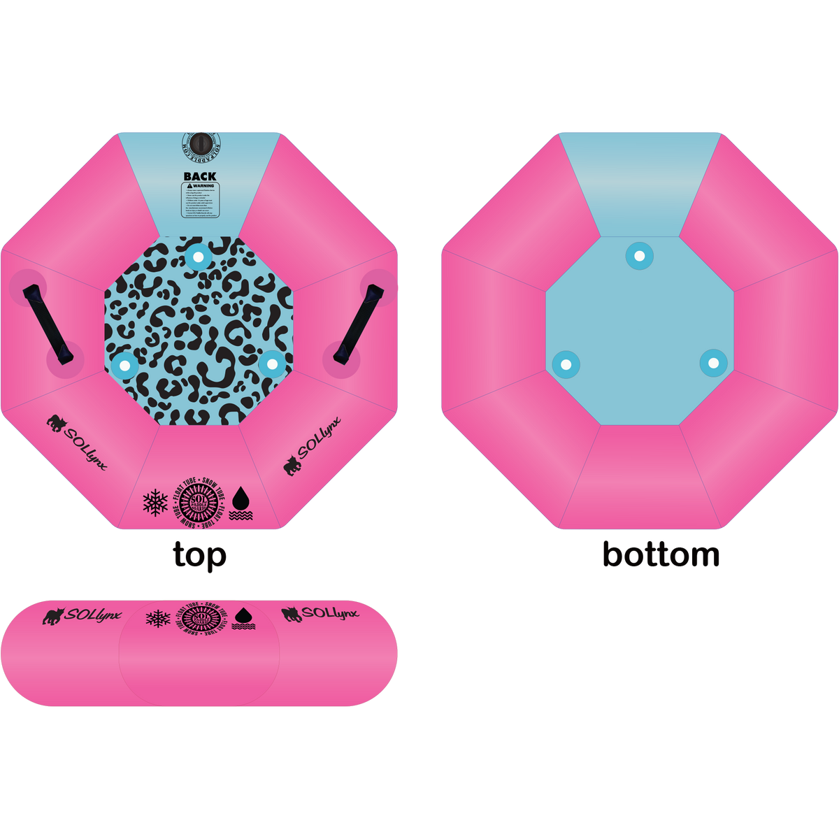 A top, bottom and side view of the pink lynx inflatable SOLtube.