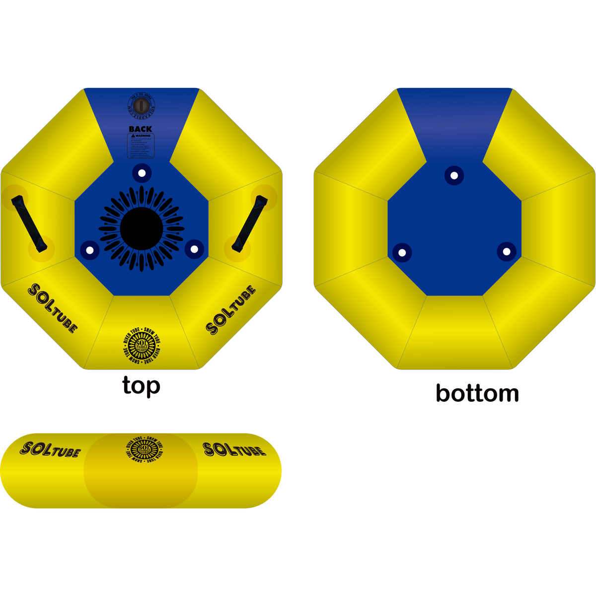 A top, bottom and side view of the yellow inflatable SOLtube.