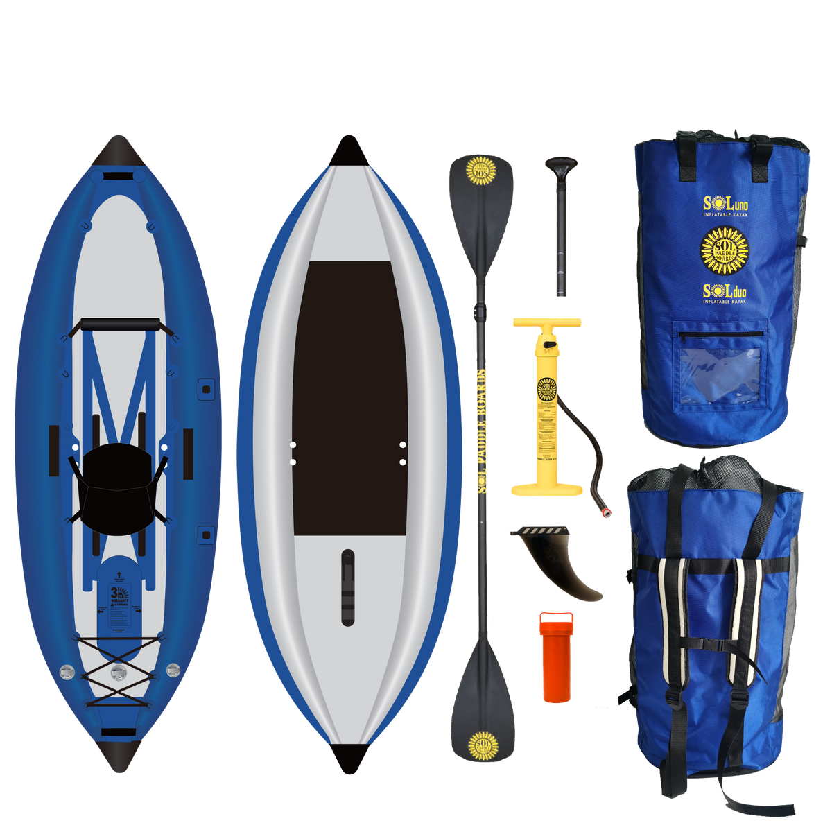 Two sides of the SOLuno Inflatable Kayak with all of the accessories it comes with.