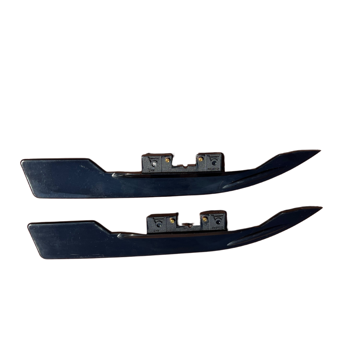 A pair of black paddle board fins with a click fin box, designed for river maneuverability and shallow water paddling.